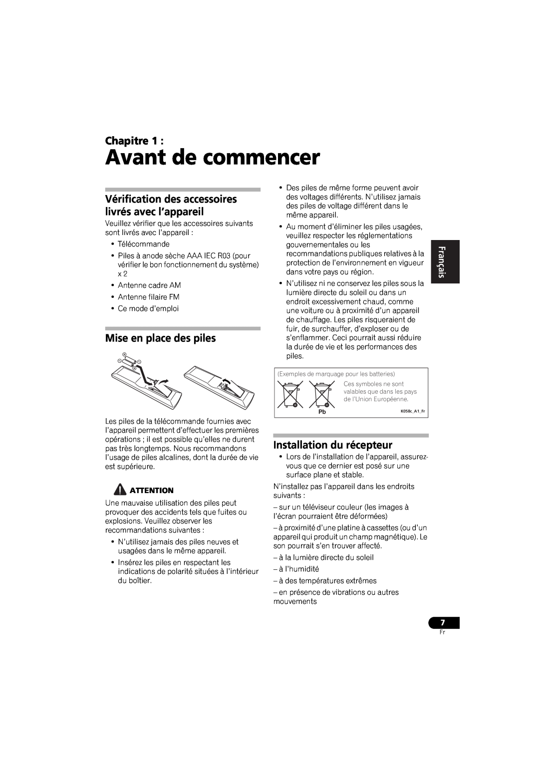 Pioneer VSX-520 manual Avant de commencer, Chapitre, Mise en place des piles, Installation du récepteur, English, Español 