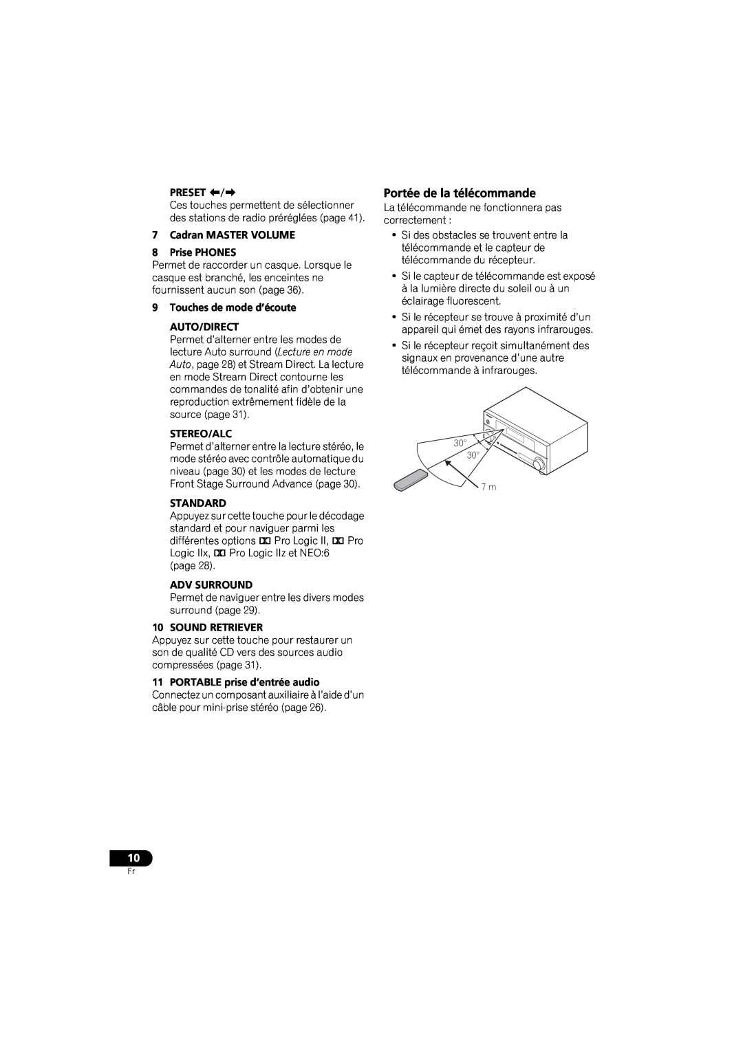 Pioneer VSX-520 manual Portée de la télécommande, Preset /, 7Cadran MASTER VOLUME 8Prise PHONES, Stereo/Alc, Standard 