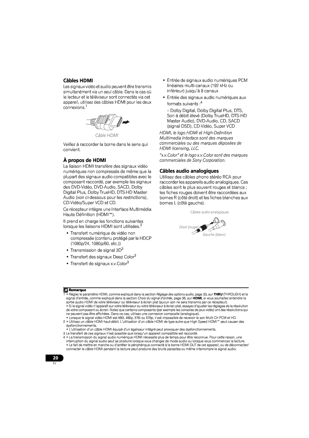 Pioneer VSX-520 manual Câbles HDMI, À propos de HDMI, Câbles audio analogiques, Câble HDMI 