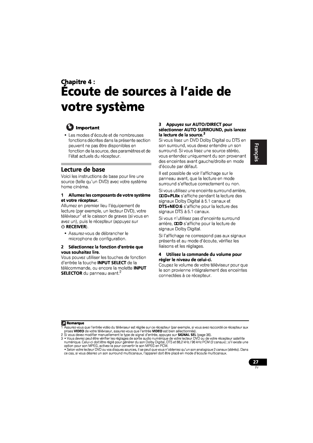 Pioneer VSX-520 manual Écoute de sources à l’aide de votre système, Chapitre, Lecture de base, English, Español, Français 