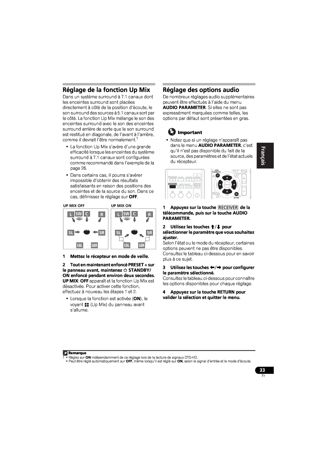 Pioneer VSX-520 manual Réglage de la fonction Up Mix, Réglage des options audio, English, Español, Français 