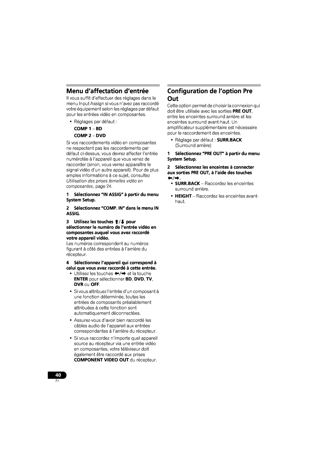 Pioneer VSX-520 manual Menu d’affectation d’entrée, Configuration de l’option Pre Out, COMP 1 – BD COMP 2 – DVD 