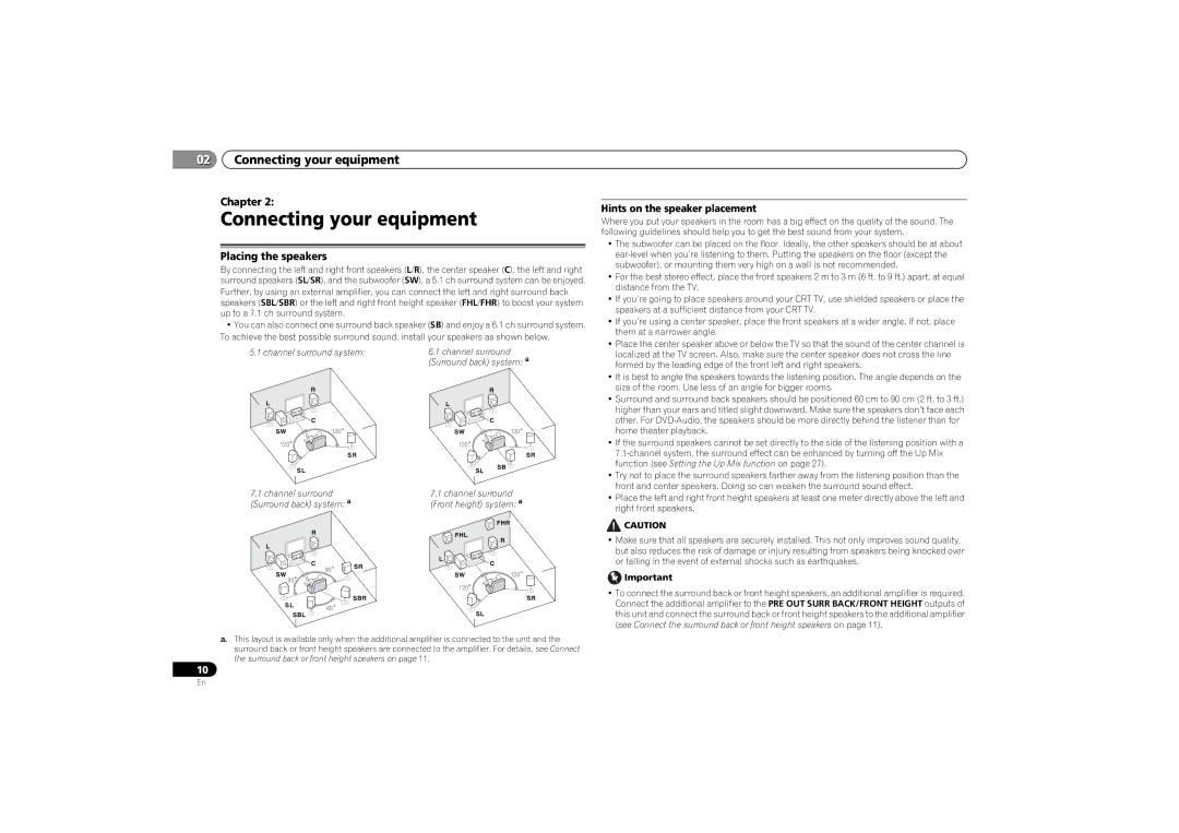 Pioneer VSX-521-K operating instructions Connecting your equipment, Placing the speakers, Hints on the speaker placement 