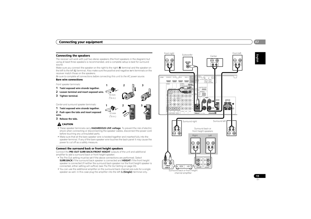 Pioneer VSX-521-K 0202, Connecting the speakers, 123, Connect the surround back or front height speakers 