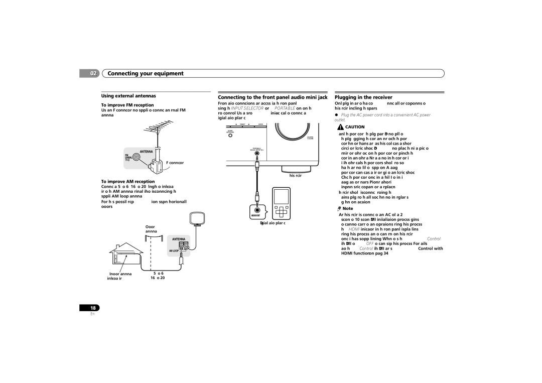 Pioneer VSX-521-K Connecting to the front panel audio mini jack, Plugging in the receiver, Using external antennas 