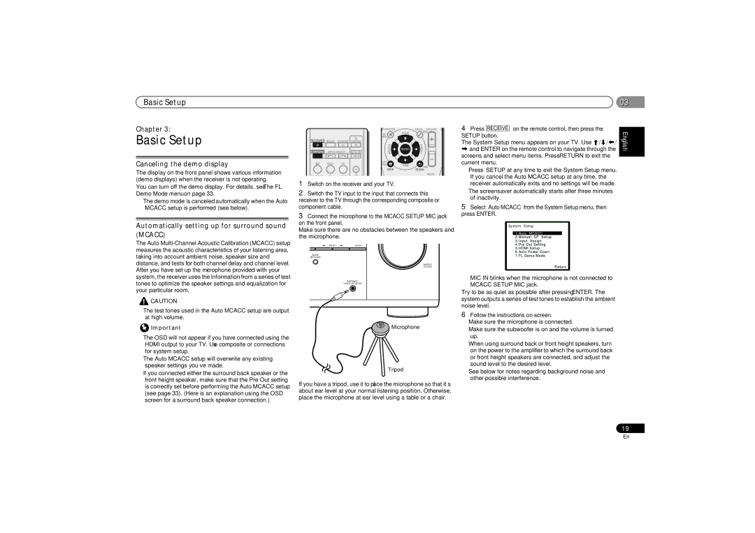 Pioneer VSX-521-K Basic Setup, 0303, Canceling the demo display, Automatically setting up for surround sound Mcacc 