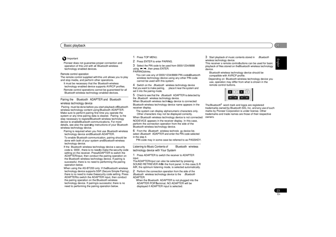 Pioneer VSX-521-K Pairing blinks, Remote control operation, Press Adapter to switch the receiver to Adapter input 