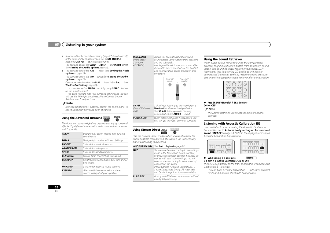 Pioneer VSX-521-K Using the Sound Retriever, Listening with Acoustic Calibration EQ, Using the Advanced surround ADV Surr 