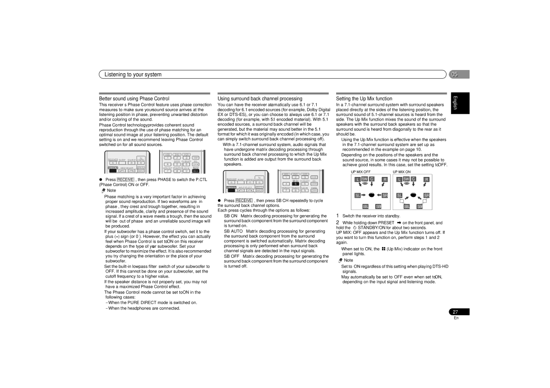 Pioneer VSX-521-K Better sound using Phase Control, Using surround back channel processing, Setting the Up Mix function 