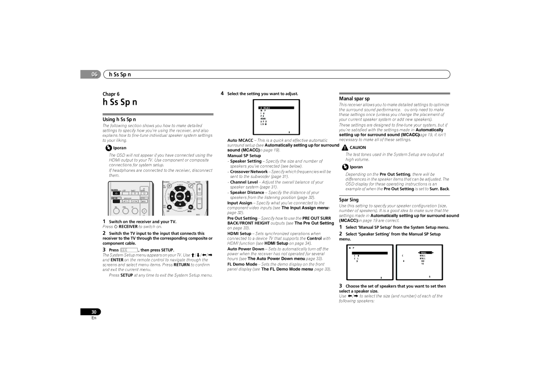 Pioneer VSX-521-K Using the System Setup menu, Manual speaker setup, Manual SP Setup, Speaker Setting 