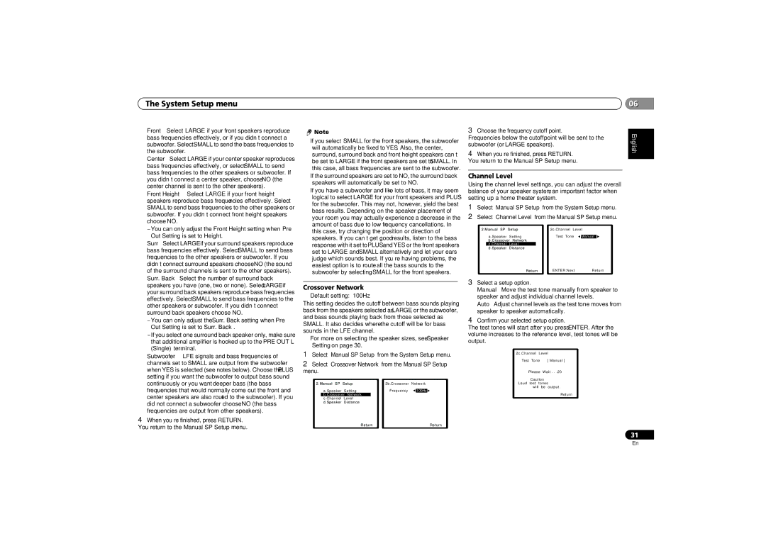 Pioneer VSX-521-K operating instructions 0606, Crossover Network, Channel Level 