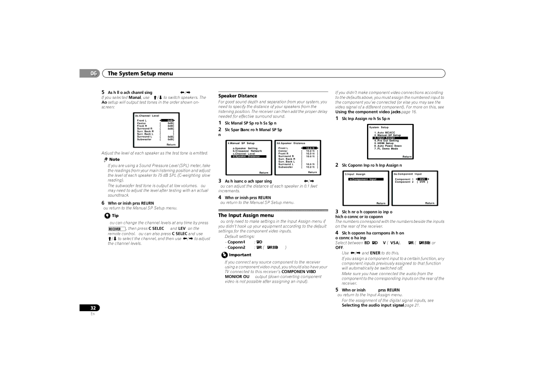 Pioneer VSX-521-K Input Assign menu, Speaker Distance, Default settings, Component-1DVD Component-2DVR DVR/BDR 