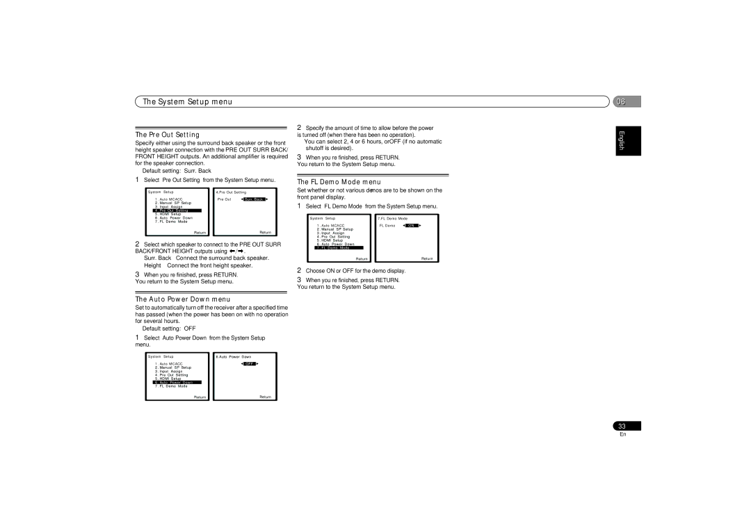 Pioneer VSX-521-K Pre Out Setting, Auto Power Down menu, FL Demo Mode menu, You return to the System Setup menu 