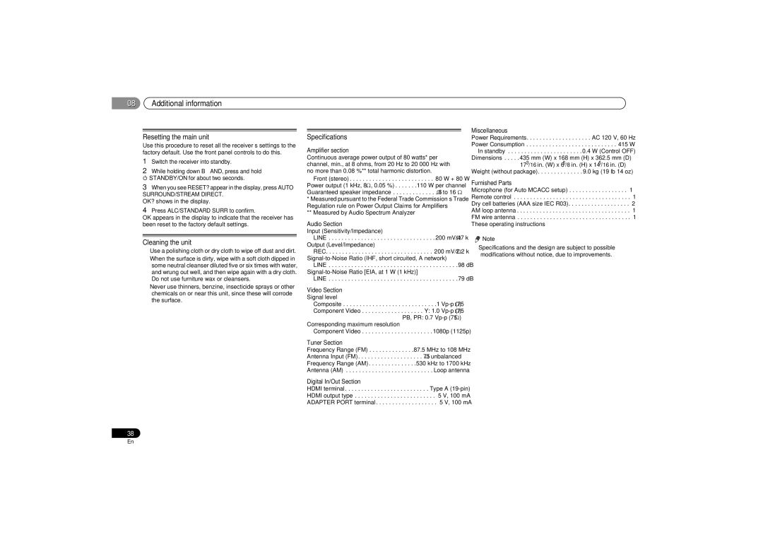 Pioneer VSX-521-K operating instructions Resetting the main unit, Cleaning the unit, Specifications 