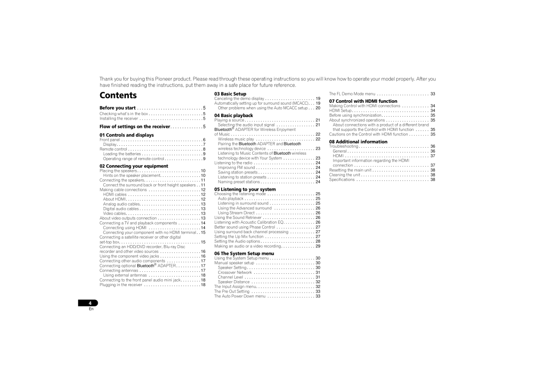 Pioneer VSX-521-K operating instructions Contents 