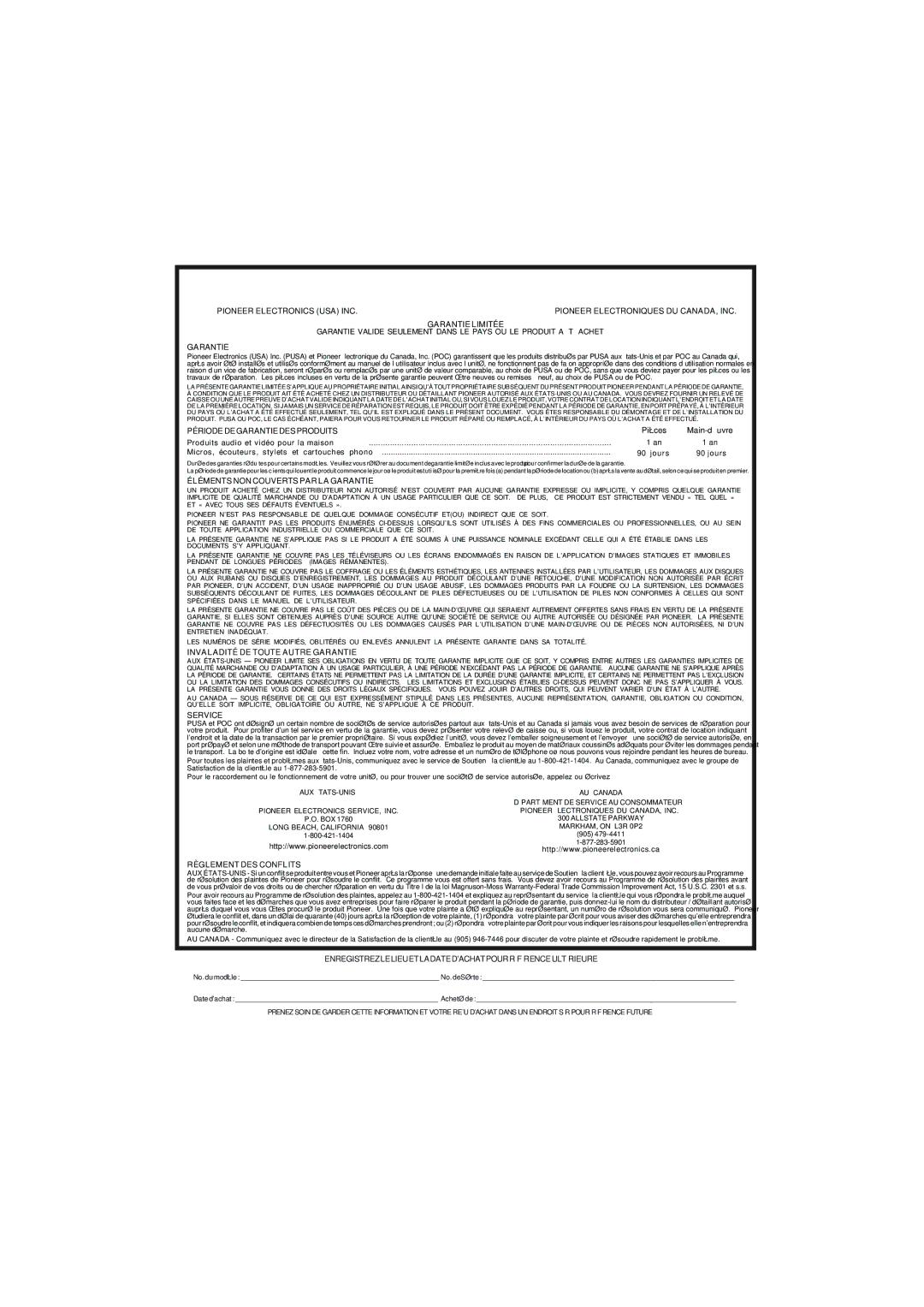 Pioneer VSX-521-K operating instructions Garantie 