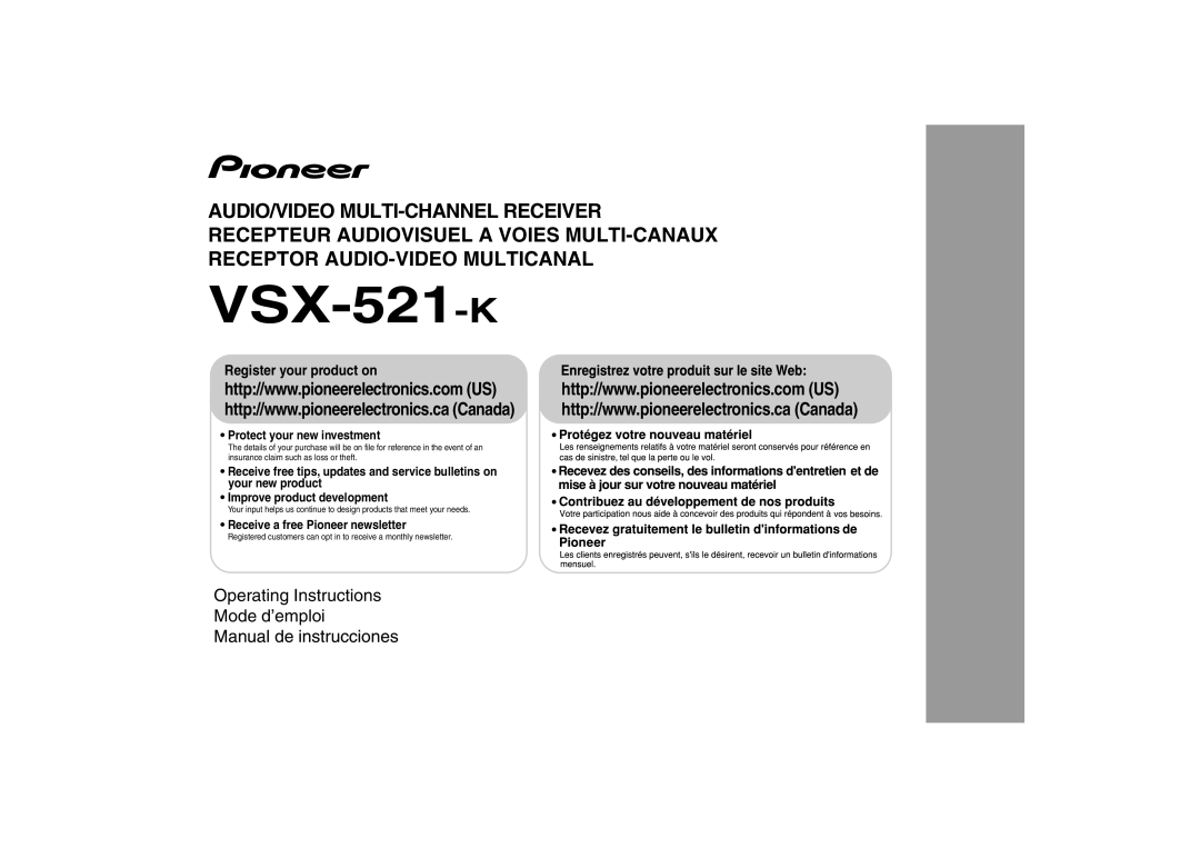 Pioneer VSX-521-K operating instructions Register your product on, Protect your new investment 