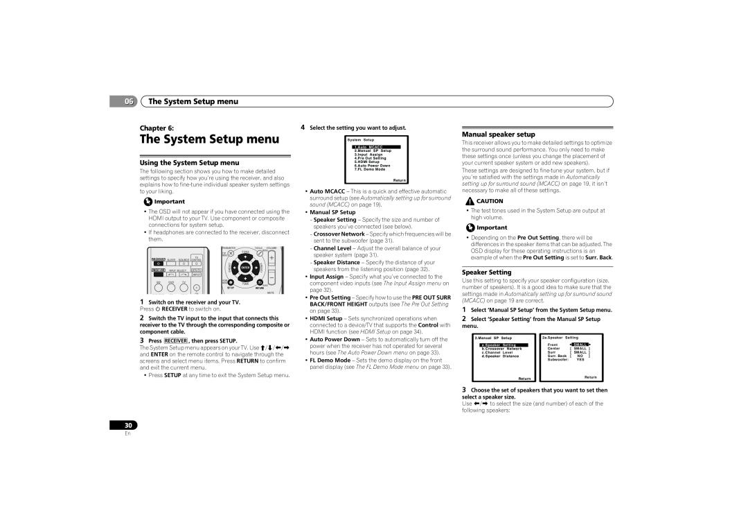 Pioneer VSX-521-K 06The System Setup menu, Chapter, Using the System Setup menu, Manual speaker setup, Manual SP Setup 