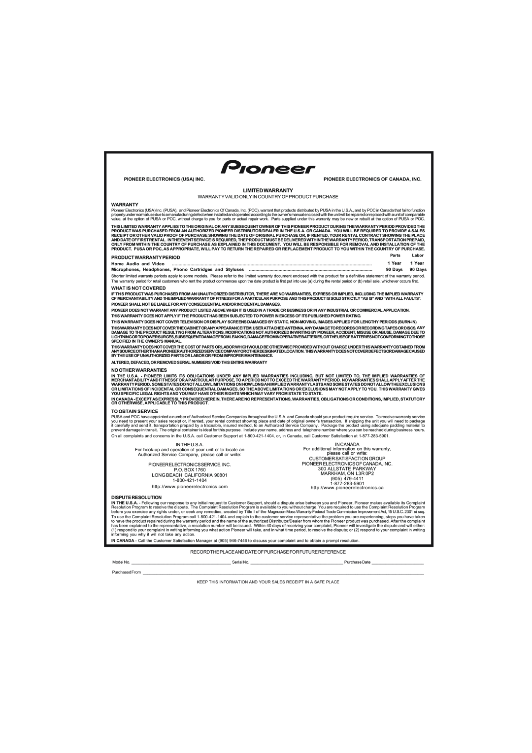 Pioneer VSX-521-K operating instructions Limitedwarranty, Recordtheplaceanddateofpurchaseforfuturereference 