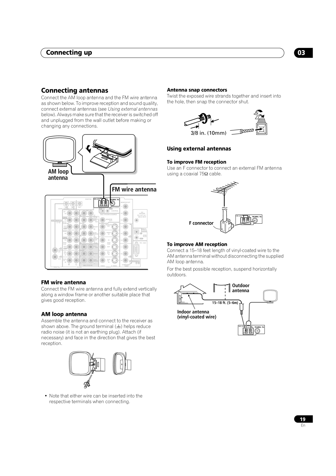 Pioneer VSX-52TX manual Connecting up Connecting antennas, FM wire antenna, AM loop antenna, Using external antennas 