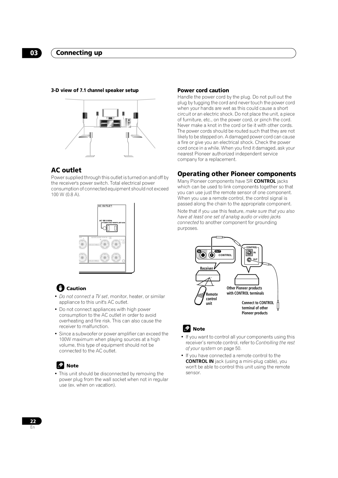 Pioneer VSX-52TX AC outlet, Operating other Pioneer components, Power cord caution, View of 7.1 channel speaker setup 