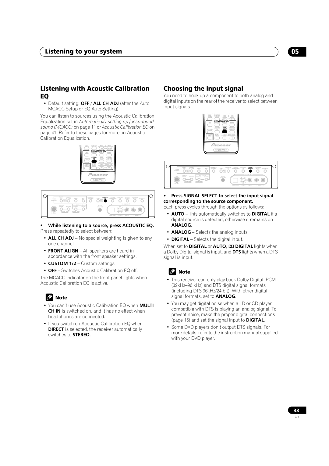 Pioneer VSX-52TX manual Listening to your system Listening with Acoustic Calibration, Choosing the input signal 