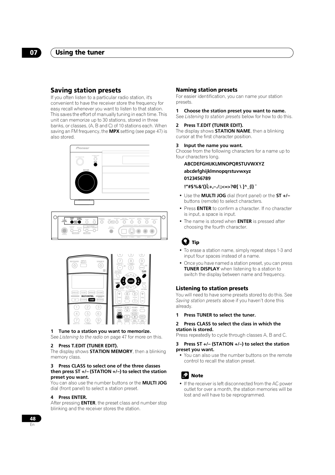 Pioneer VSX-52TX manual Using the tuner Saving station presets, Naming station presets, Listening to station presets 