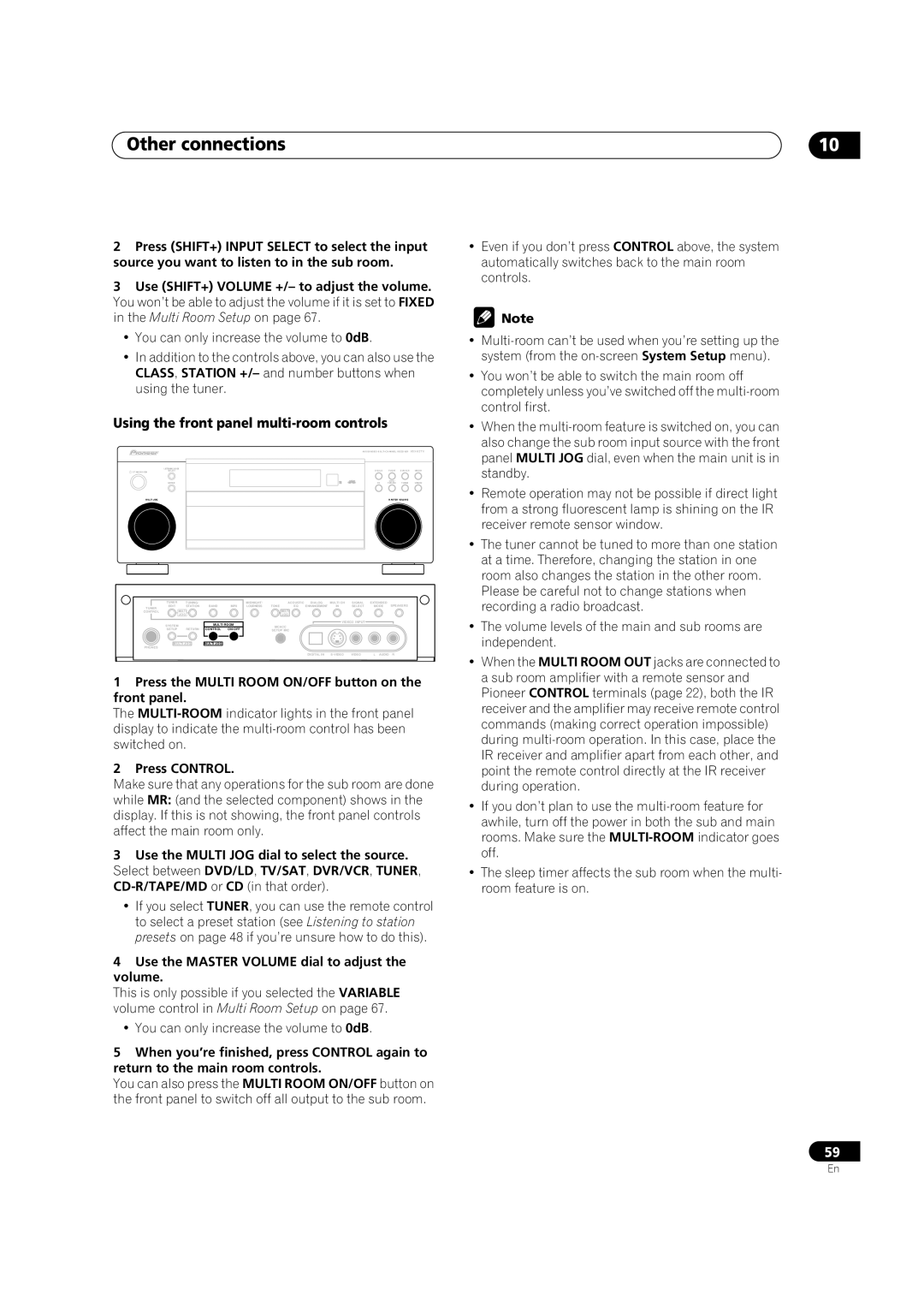 Pioneer VSX-52TX manual Other connections, Using the front panel multi-room controls, Press Control 