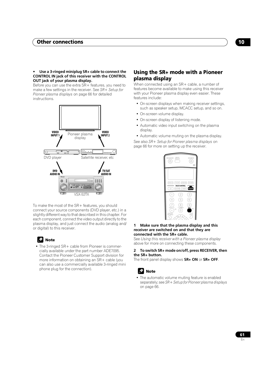 Pioneer VSX-52TX manual Using the SR+ mode with a Pioneer plasma display, DVD player 