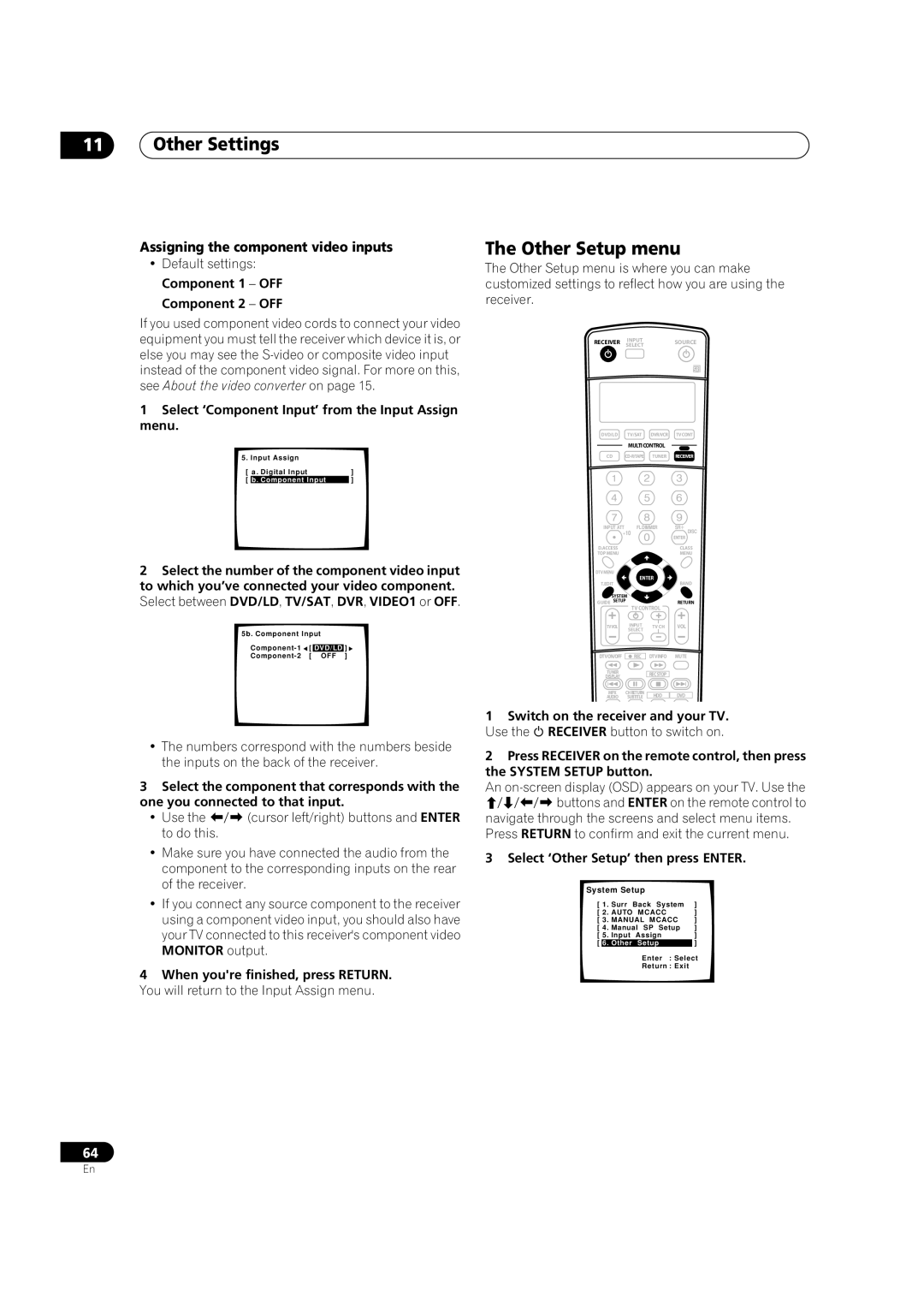 Pioneer VSX-52TX manual Other Settings, Other Setup menu, Assigning the component video inputs 