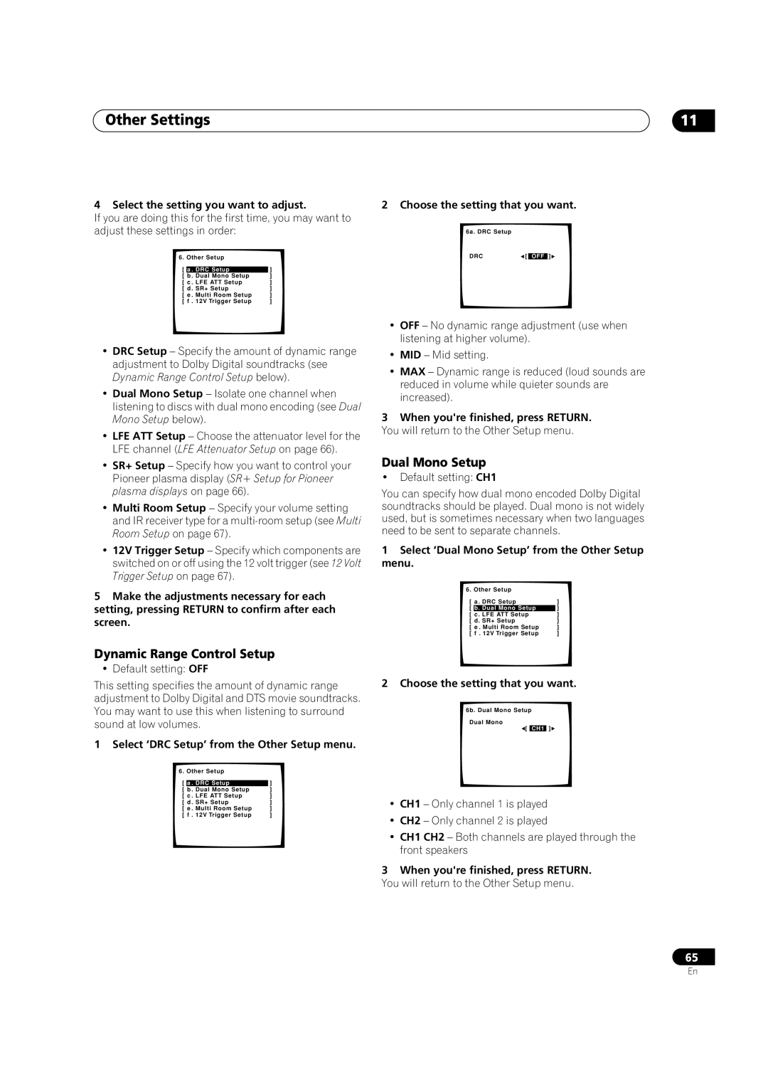 Pioneer VSX-52TX manual Dynamic Range Control Setup, Dual Mono Setup, Select ‘DRC Setup’ from the Other Setup menu 