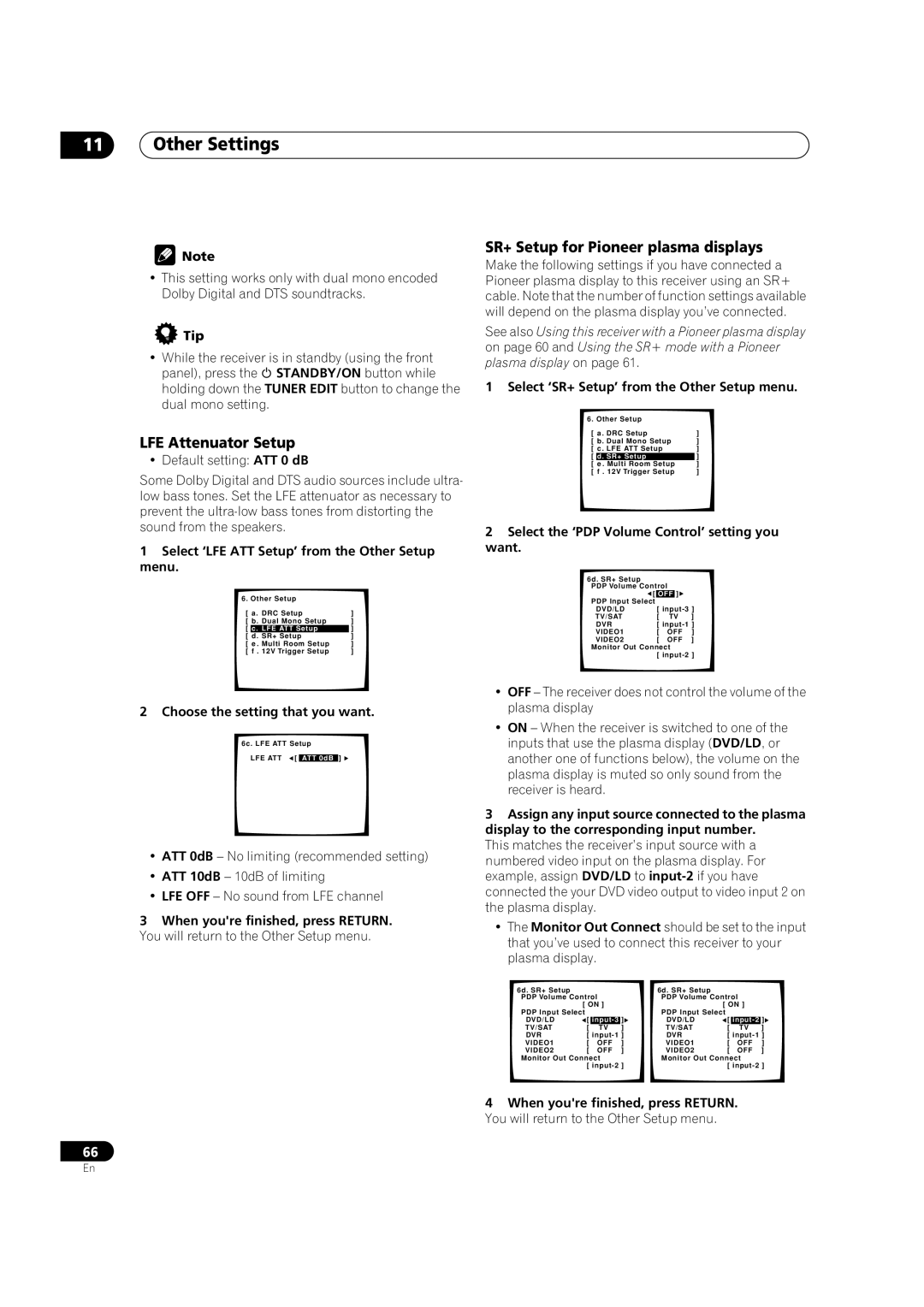 Pioneer VSX-52TX LFE Attenuator Setup, SR+ Setup for Pioneer plasma displays, Select ‘SR+ Setup’ from the Other Setup menu 