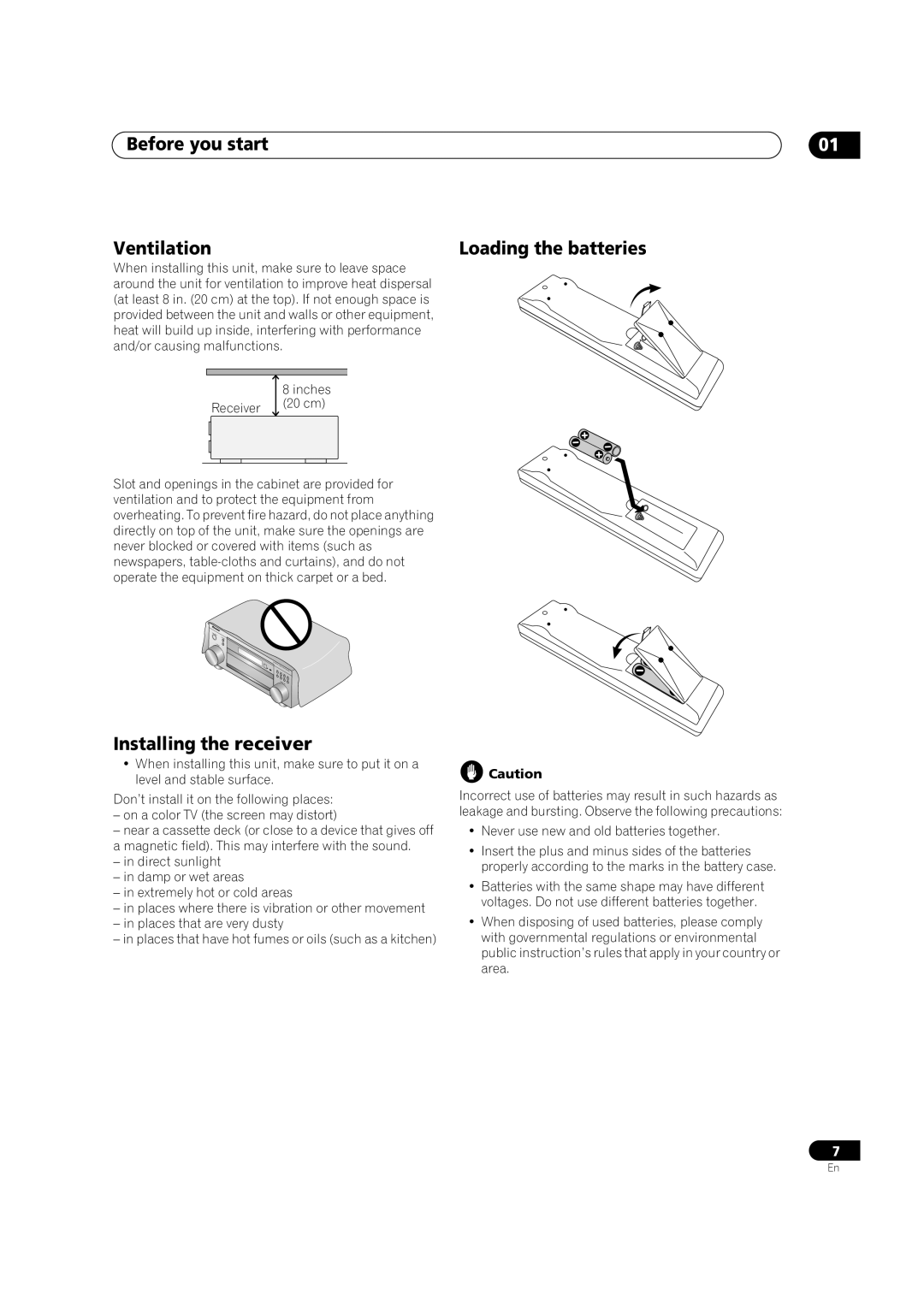 Pioneer VSX-52TX manual Before you start Ventilation, Installing the receiver, Loading the batteries 