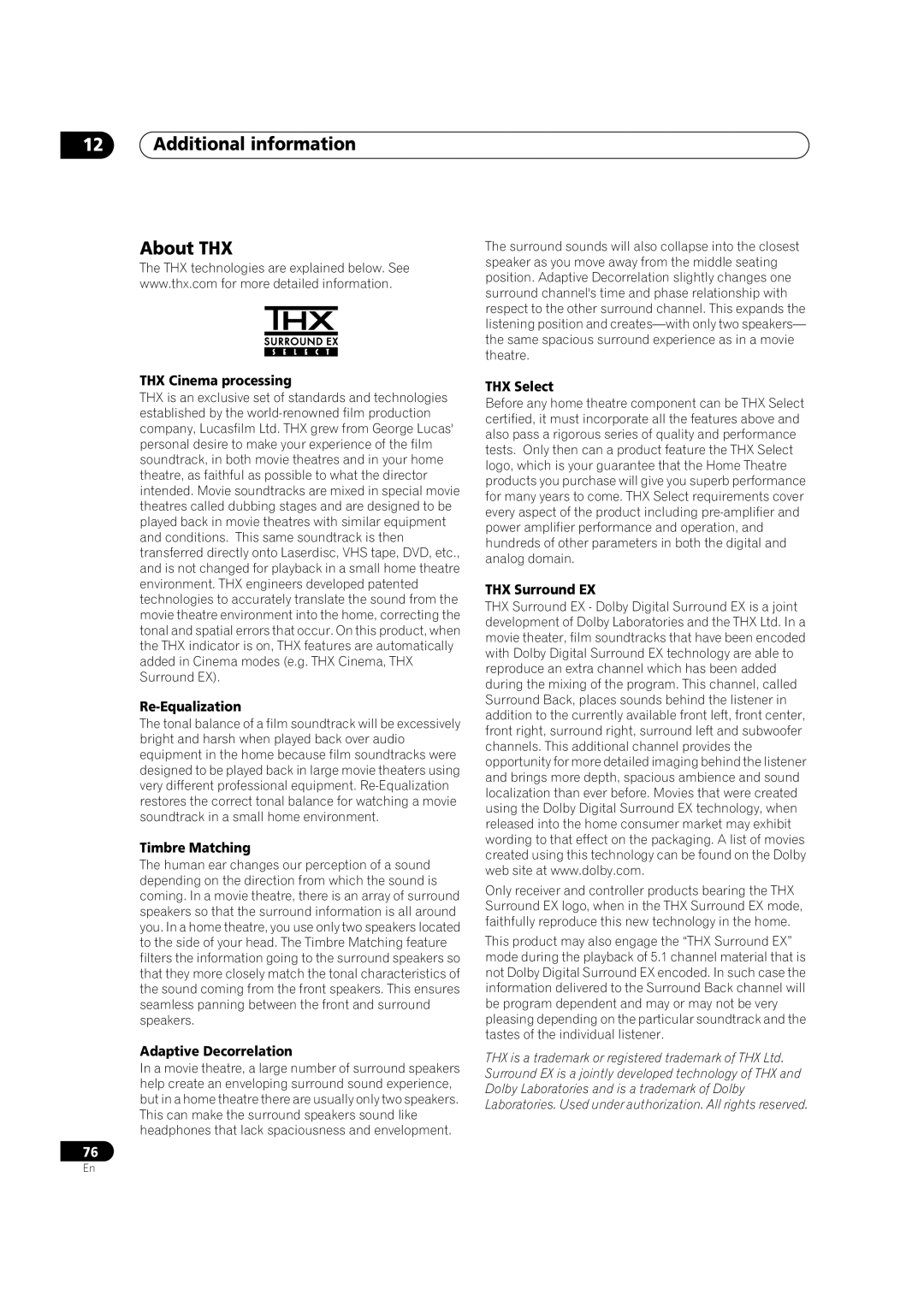 Pioneer VSX-52TX manual Additional information About THX 