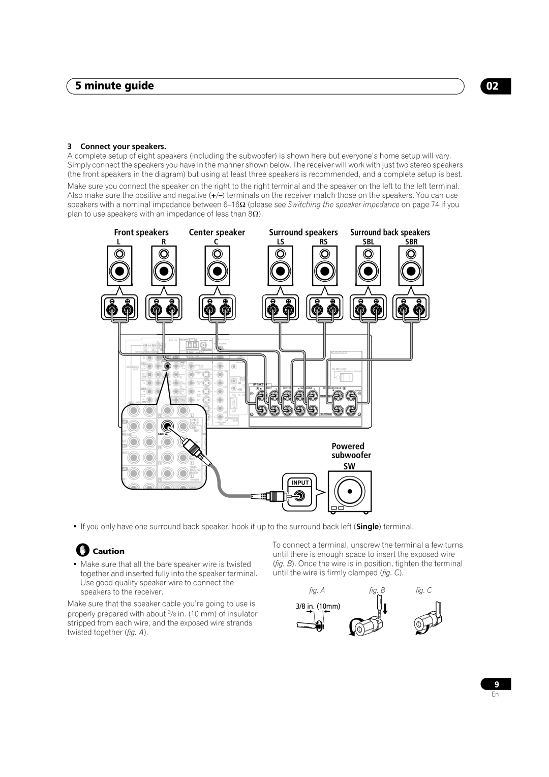 Pioneer VSX-52TX manual Minute guide, Front speakers, Surround speakers, Connect your speakers, Sbl Sbr 