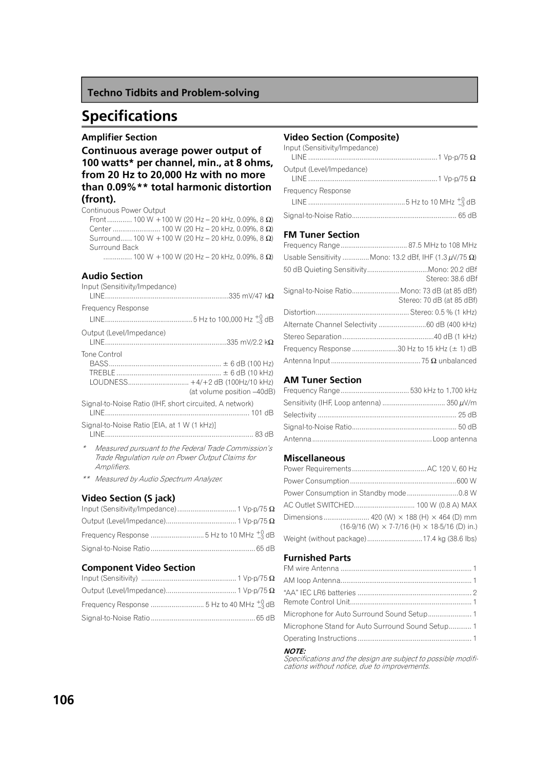 Pioneer VSX-53TX manual Specifications 