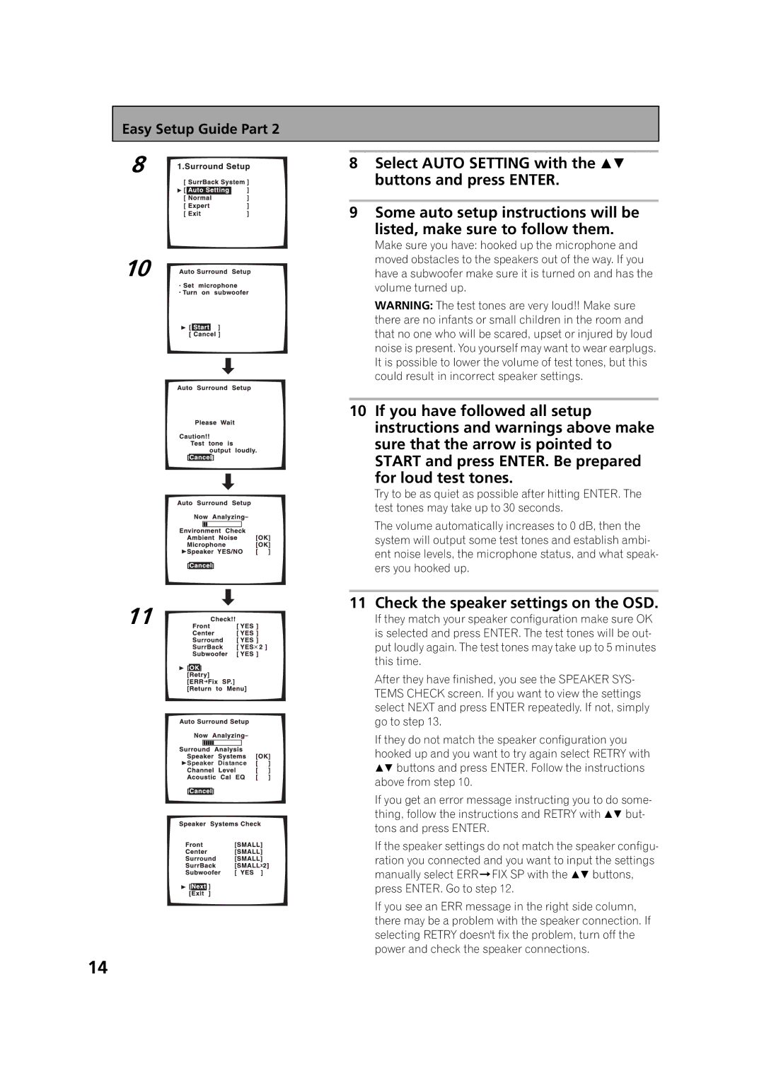 Pioneer VSX-53TX manual For loud test tones, Check the speaker settings on the OSD 