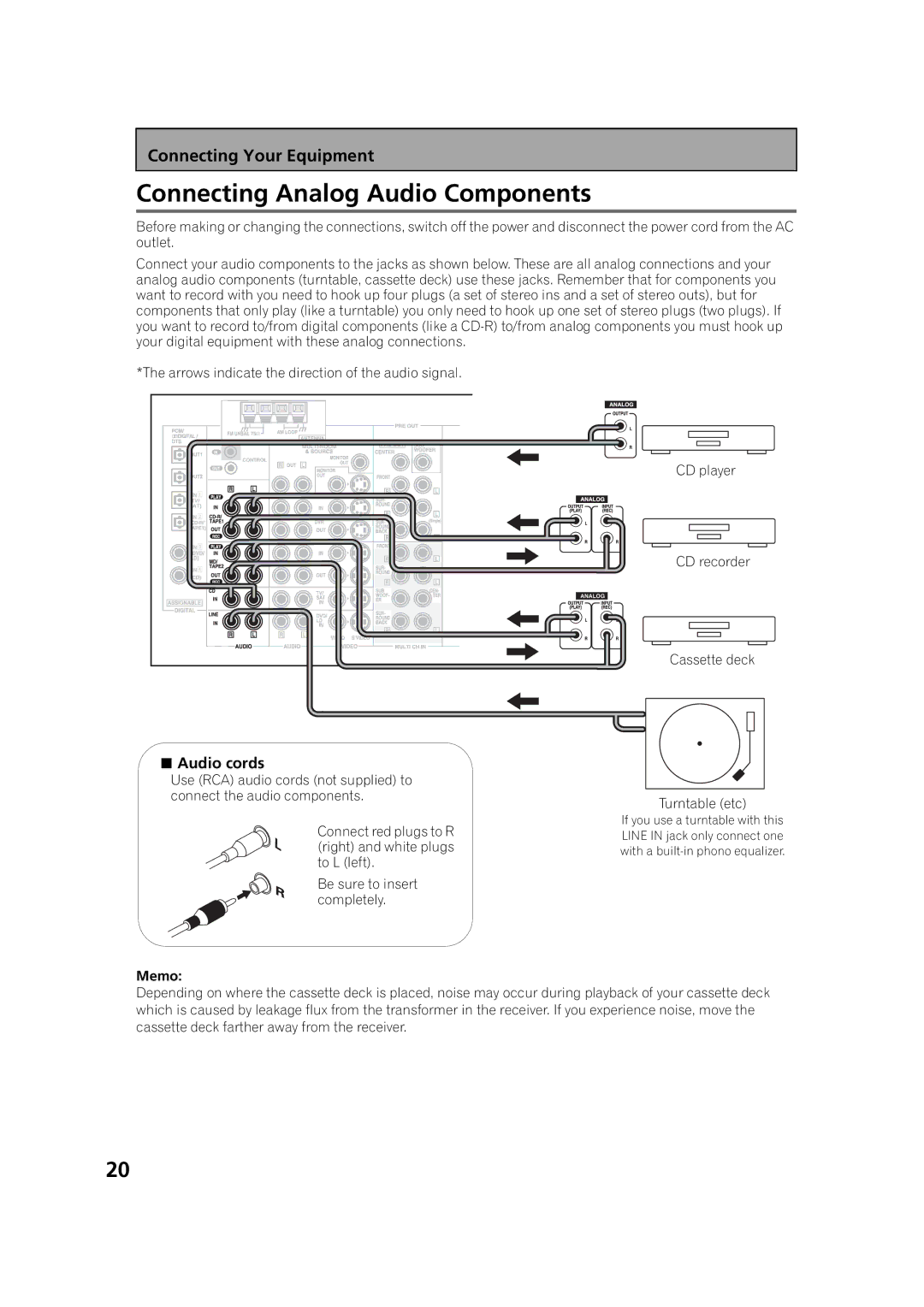 Pioneer VSX-53TX manual Connecting Analog Audio Components,  Audio cords 