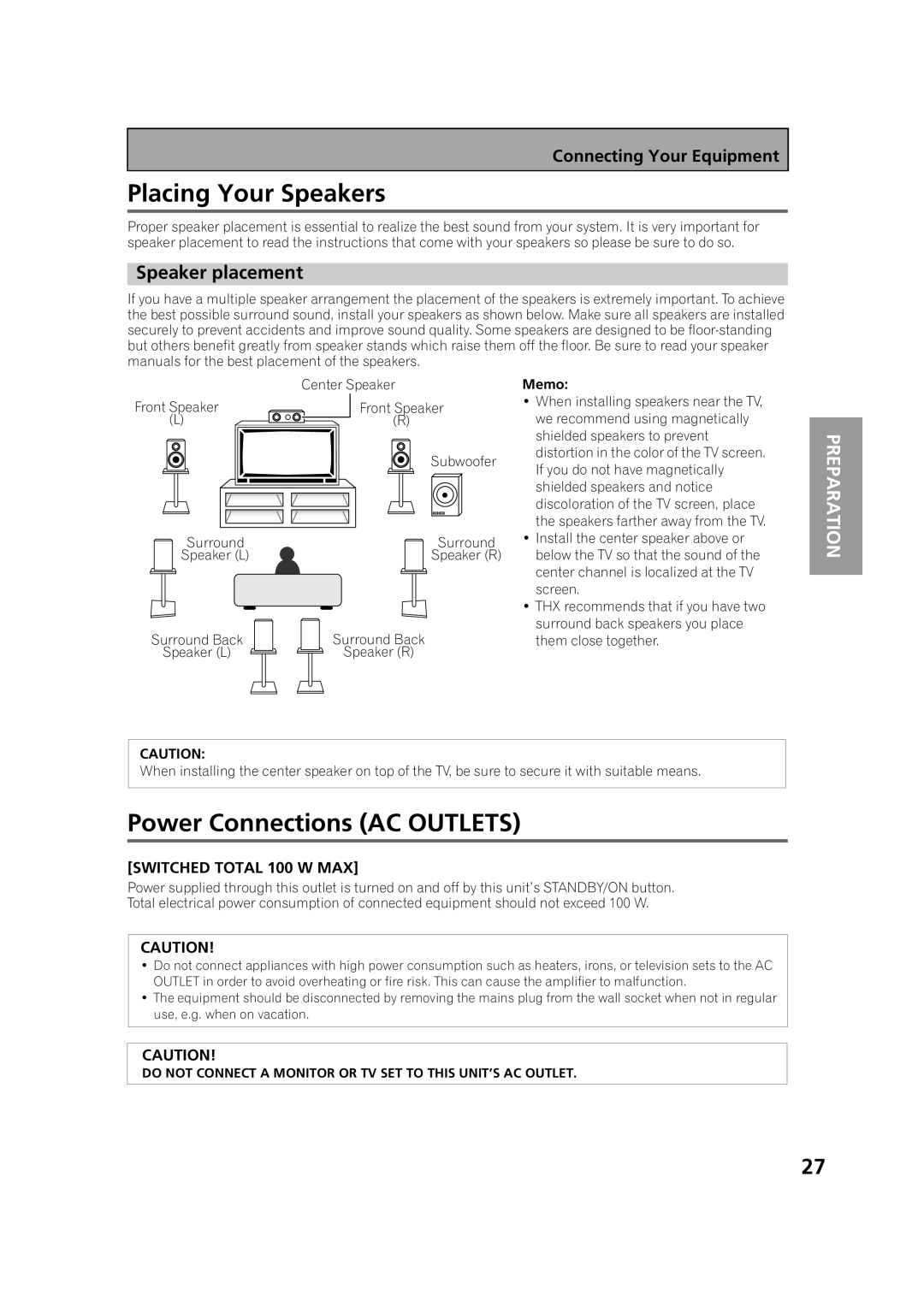 Pioneer VSX-53TX manual Placing Your Speakers, Power Connections AC Outlets, Speaker placement 