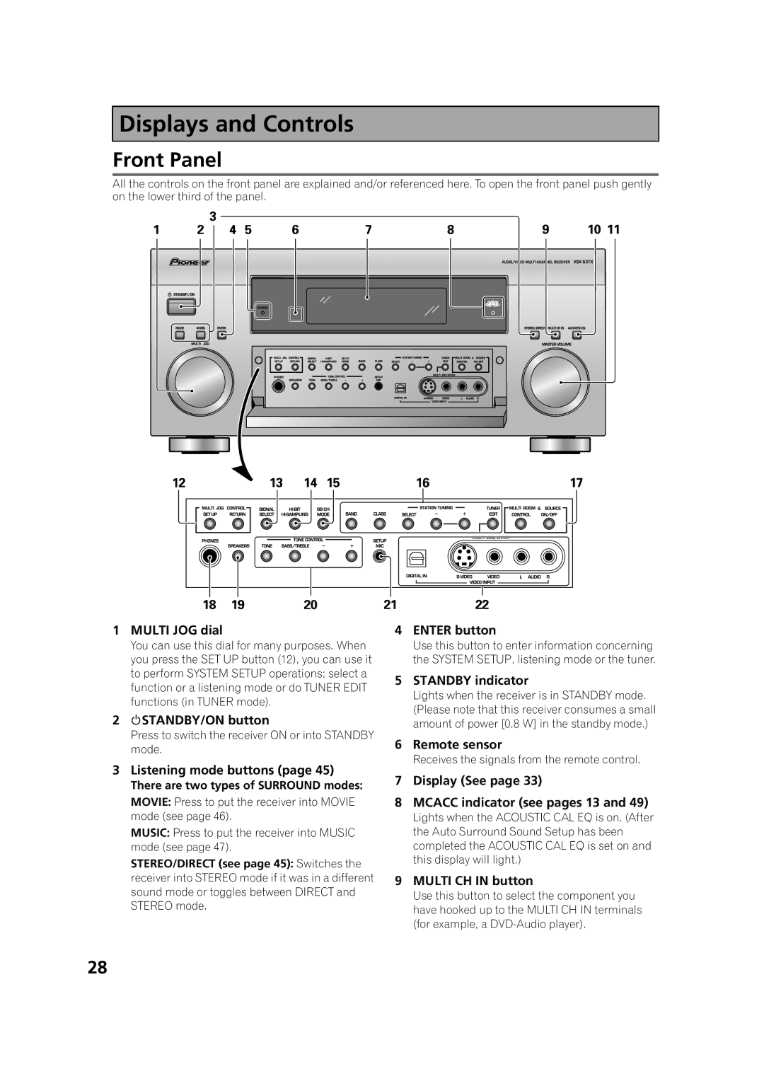 Pioneer VSX-53TX manual Displays& Controlsand Controls, Front Panel 