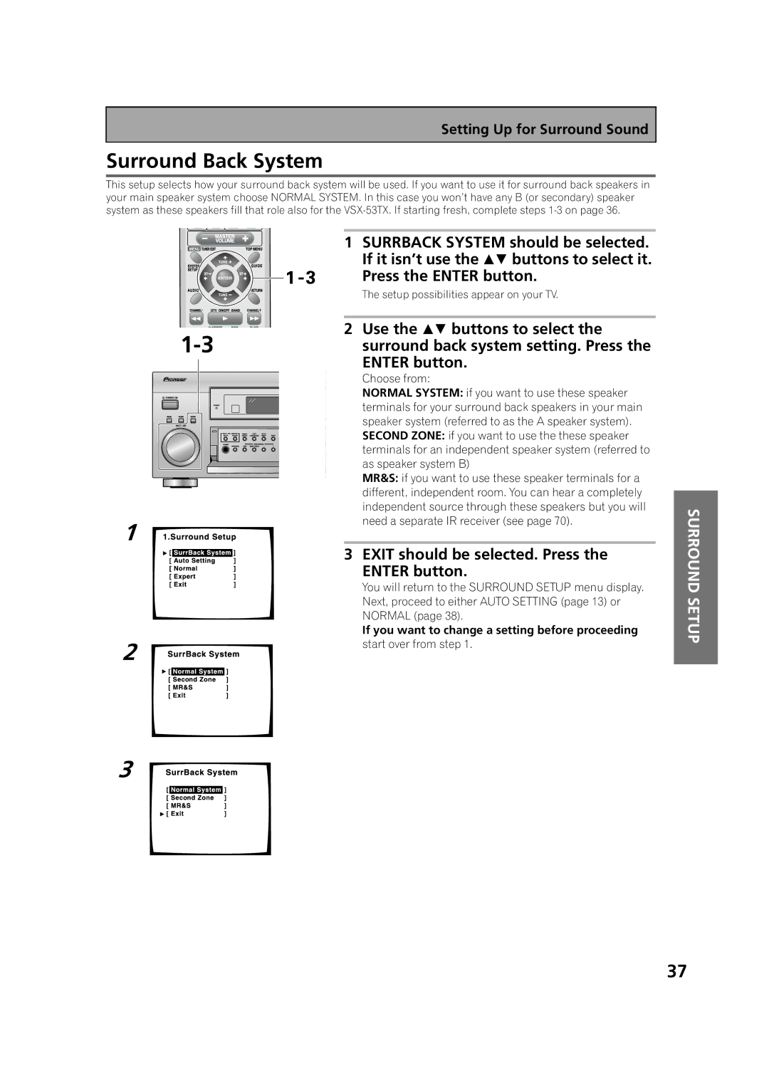 Pioneer VSX-53TX manual Surround Back System, If it isn’t use the  buttons to select it 