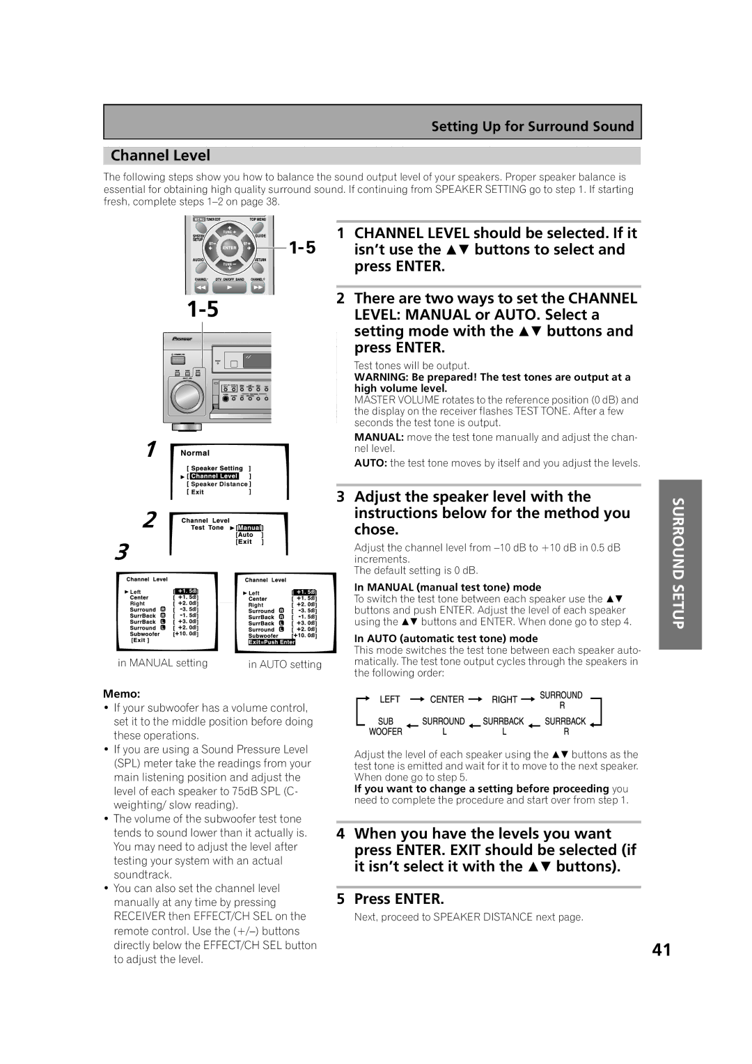 Pioneer VSX-53TX manual Channel Level, Isn’t use the  buttons to select, Level Manual or AUTO. Select a 