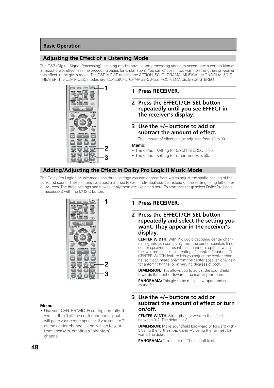 Pioneer VSX-53TX Adjusting the Effect of a Listening Mode, Adding/Adjusting the Effect in Dolby Pro Logic II Music Mode 