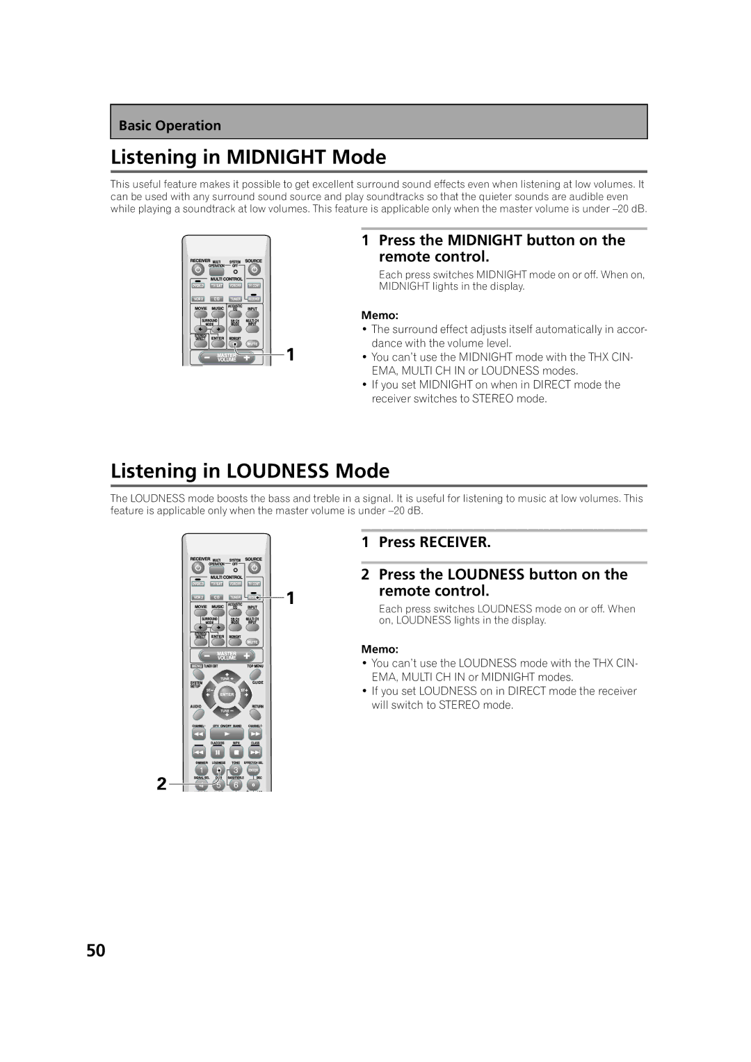 Pioneer VSX-53TX Listening in Midnight Mode, Listening in Loudness Mode, Press the Midnight button on the remote control 