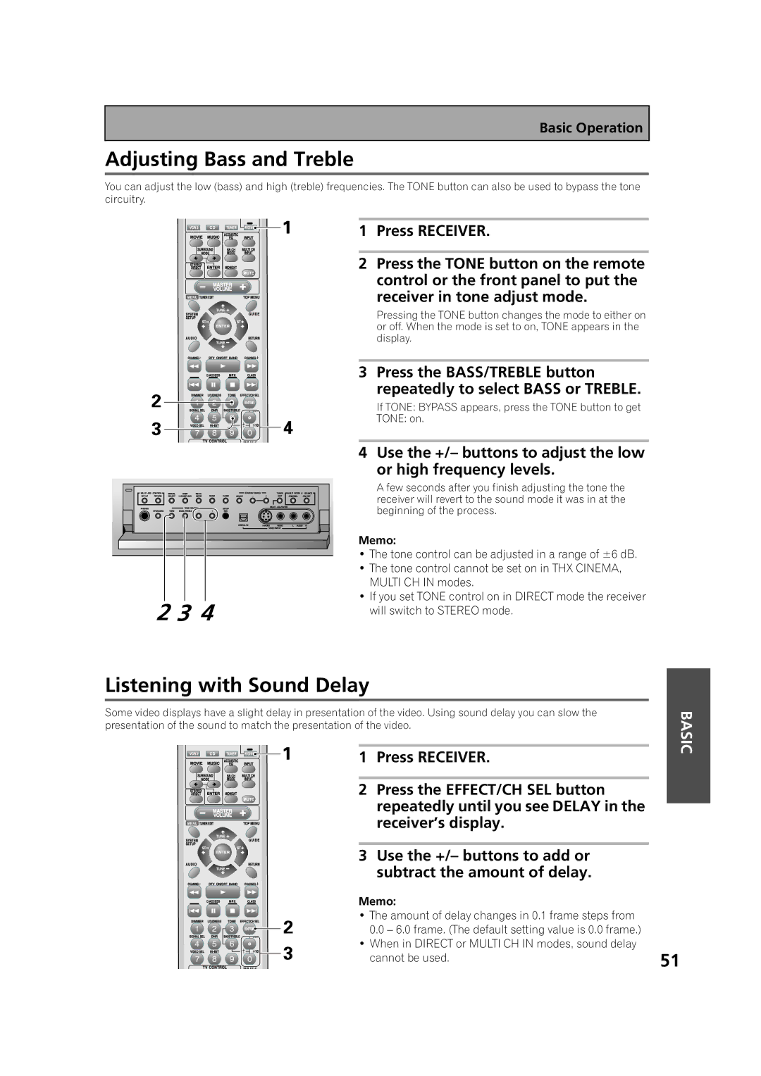 Pioneer VSX-53TX manual Adjusting Bass and Treble, Listening with Sound Delay 