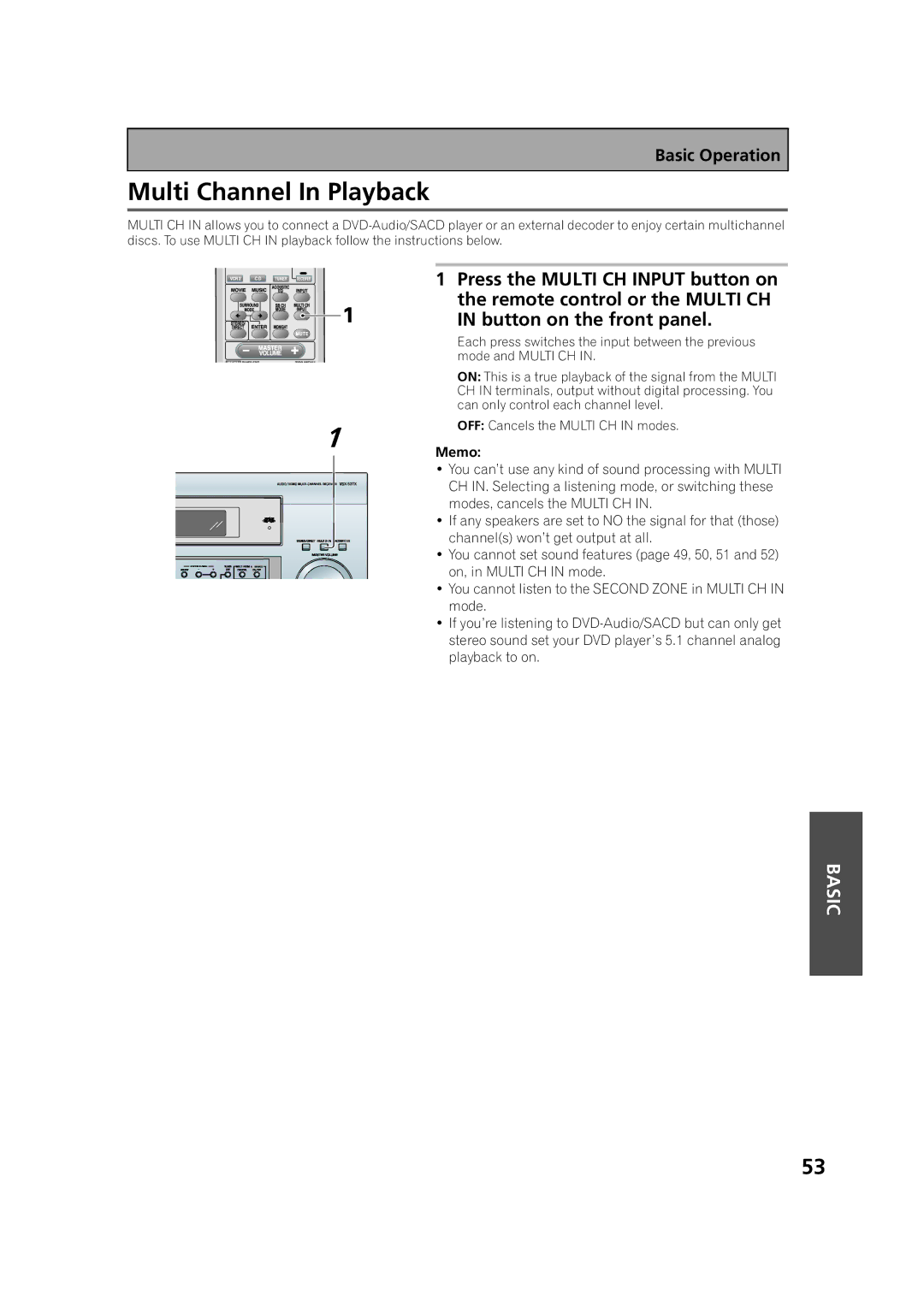 Pioneer VSX-53TX manual Multi Channel In Playback 