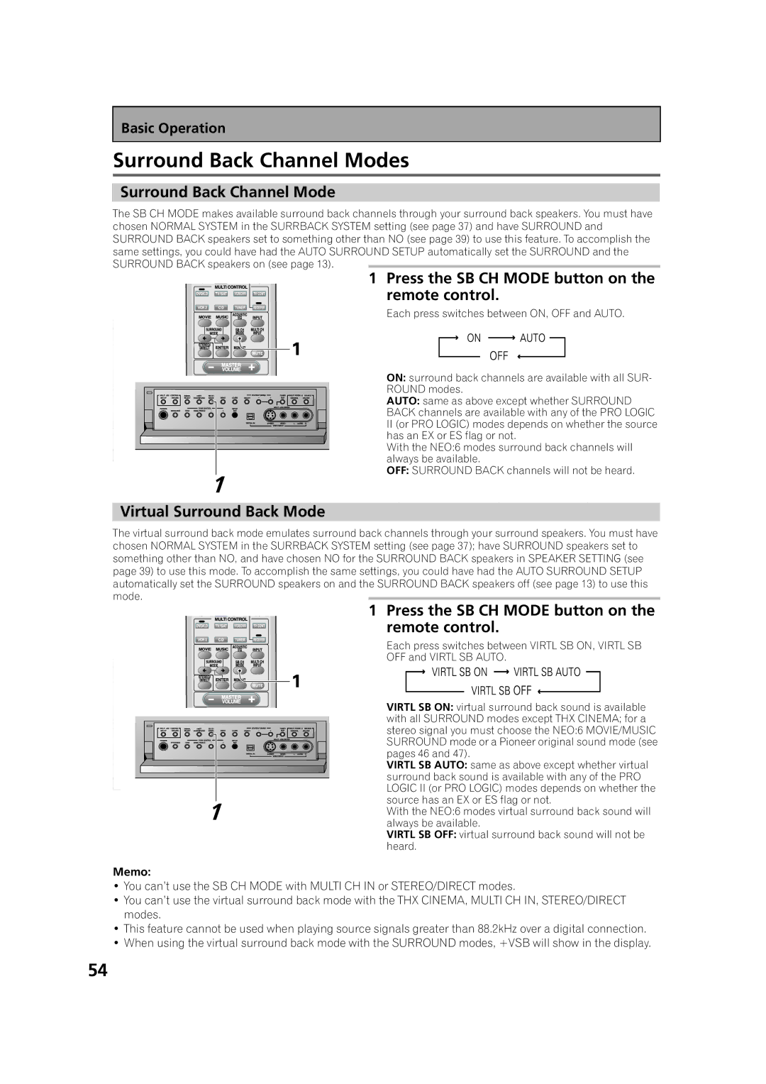 Pioneer VSX-53TX manual Surround Back Channel Modes, Press the SB CH Mode button on the remote control 