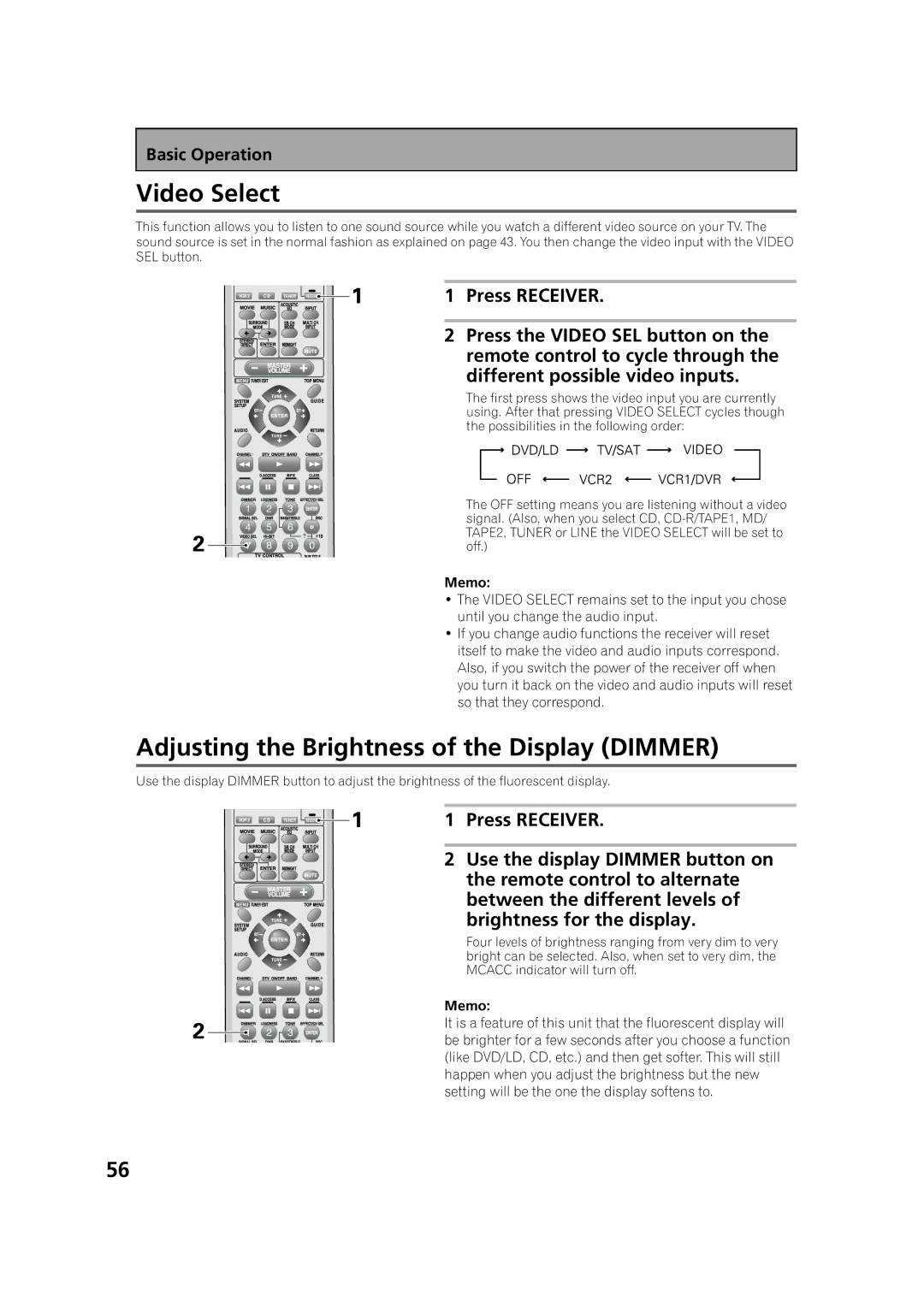 Pioneer VSX-53TX manual Video Select, Adjusting the Brightness of the Display Dimmer 