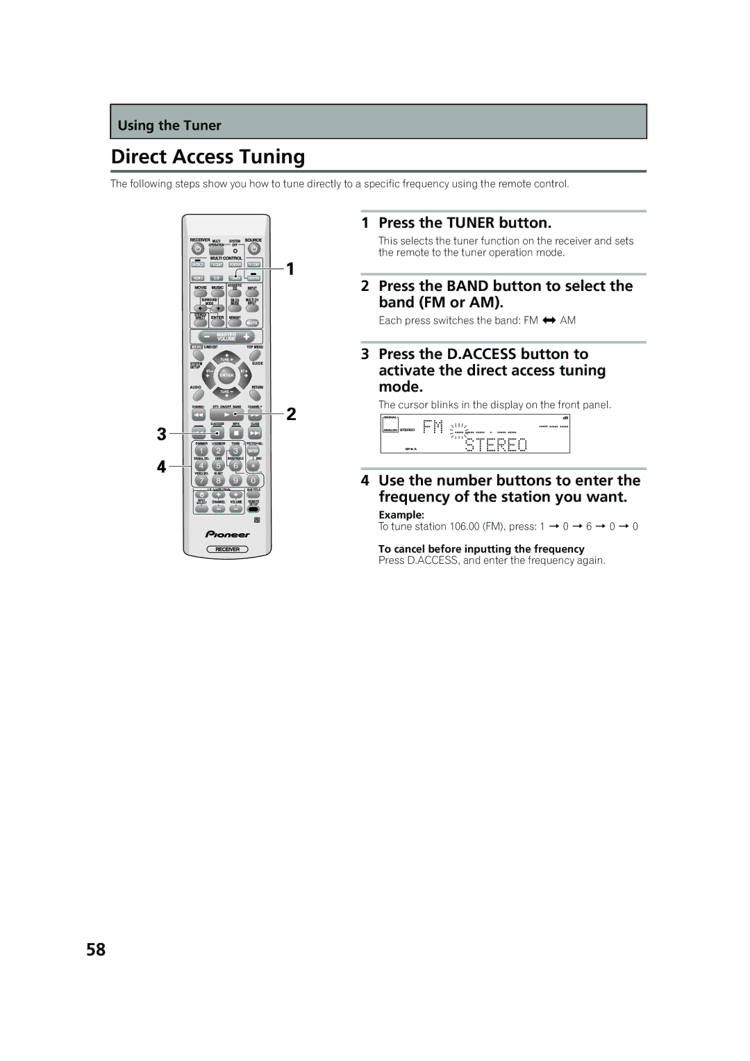 Pioneer VSX-53TX manual Direct Access Tuning, Press the Band button to select the band FM or AM, Example 