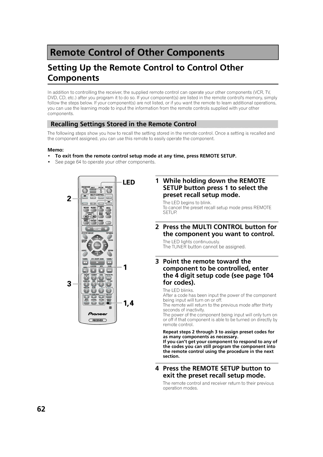 Pioneer VSX-53TX RemoteDisplays & Controlontrols of Other Components, Recalling Settings Stored in the Remote Control 